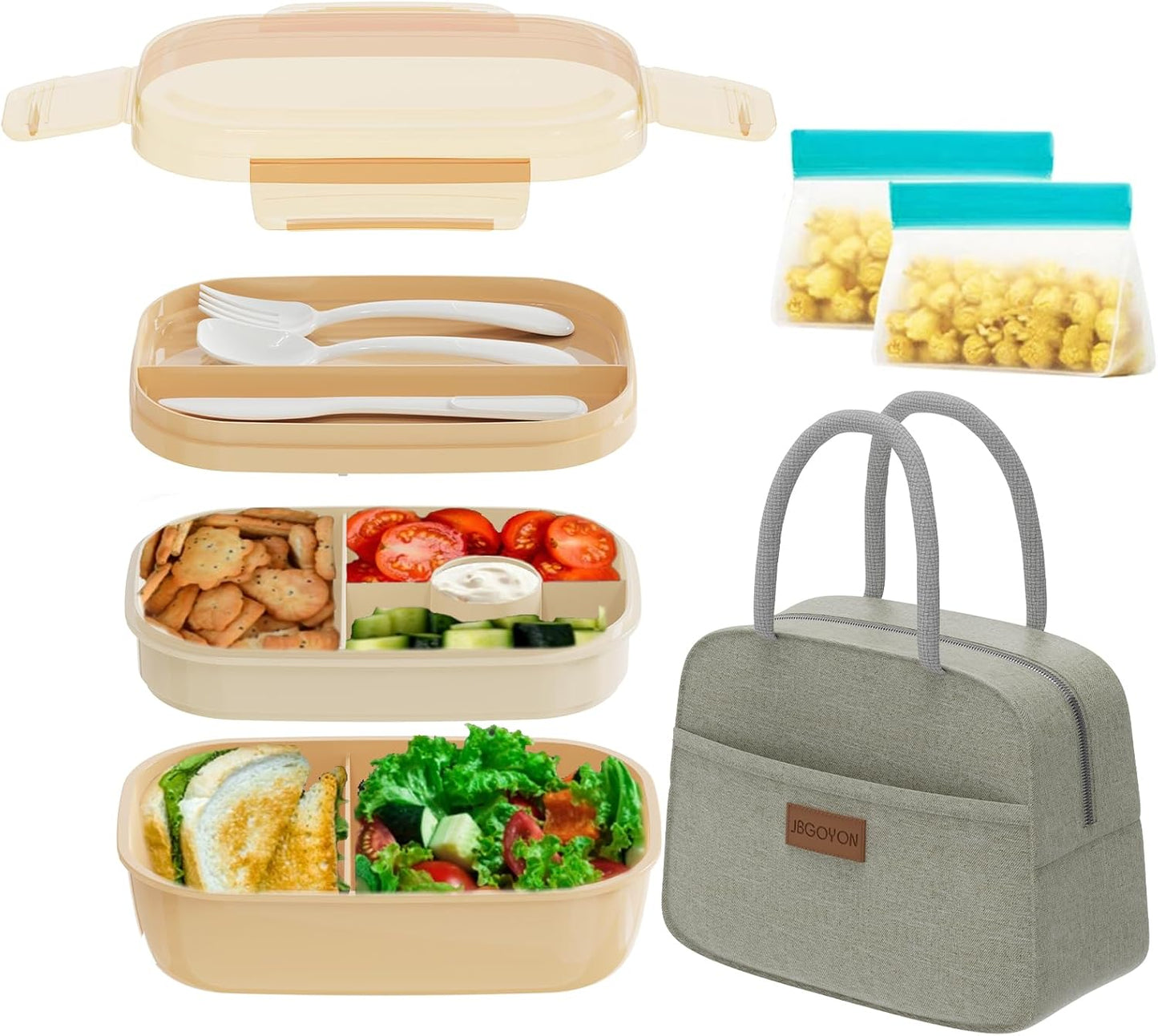 JBGOYON® Bento Lunch Box with Bag - All-in-One Stackable Lunch Containers with 3 Layers for Adults & Kids, 1900 ML Modern Bento-Style Design, Built-in Utensil Set, Lunch Bag (Purple)