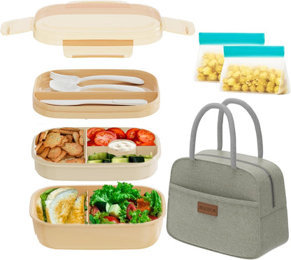 JBGOYON® Bento Lunch Box with Bag - All-in-One Stackable Lunch Containers with 3 Layers for Adults & Kids, 1900 ML Modern Bento-Style Design, Built-in Utensil Set, Lunch Bag (Purple)