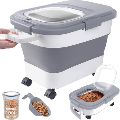 23-25 Lbs Airtight Dog Food Storage Container,Collapsible Dog Food Container with Lid,Wheels,Handle,Large Pet food storage Container with Scoop,Small Food Container for Dog Cat