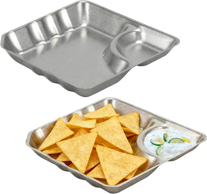 304 Stainless Steel Square 2 Pack Small Snack PlatesChip and Dip Serving Set Small Retro Matte Metal Plates with Dipping Section for Snacks, Dips, Sauces (Square)