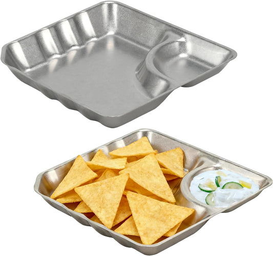 304 Stainless Steel Square 2 Pack Small Snack PlatesChip and Dip Serving Set Small Retro Matte Metal Plates with Dipping Section for Snacks, Dips, Sauces (Square)