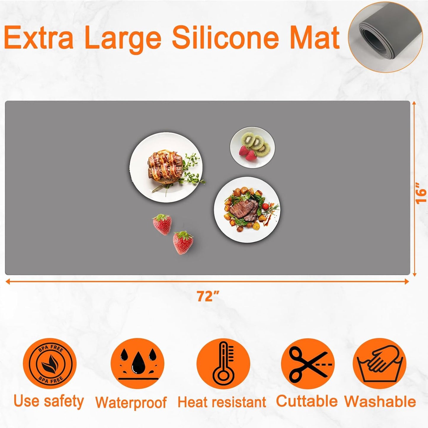 72''x16'' Extra Large Silicone Mat for Kitchen Counter, Heat Resistant Countertop Protector, Non-Slip Waterproof Kitchen Island Mat, Easy to Clean, Light Gray