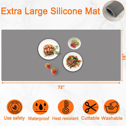 72''x16'' Extra Large Silicone Mat for Kitchen Counter, Heat Resistant Countertop Protector, Non-Slip Waterproof Kitchen Island Mat, Easy to Clean, Light Gray