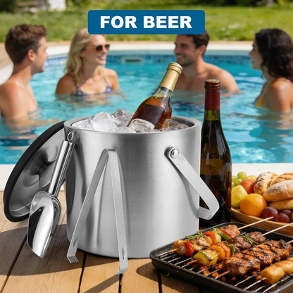 Ice Bucket, 4L Double Wall Insulated Ice Bucket with Lid,Scoop,Tongs- Inner Layer 304 Stainless Steel Ice Container Keep Ice Frozen Longer- Ideal for Cocktail Bar,Parties (4L)
