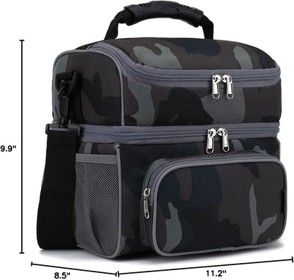 FlowFly Double Layer Cooler Insulated Lunch Bag Adult Lunch Box Large Tote Bag for Men, Women, With Adjustable Strap,Front Pocket and Dual Large Mesh Side Pockets