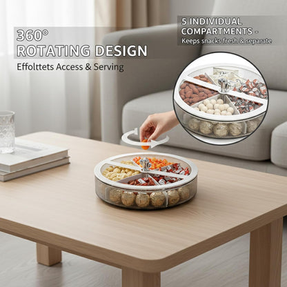 10 Inch Divided Serving Tray with Lid - 360 Rotating Snackle Box Container, Candy Organizer - White Plastic