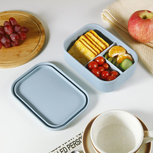PandaEar 3-Compartment Silicone Bento Box for Toddlers & Kids - BPA-Free Food-Grade Meal Prep Container - Durable & Easy-Open Small Lunch Box for Daycare, Travel & Picnic, Blue