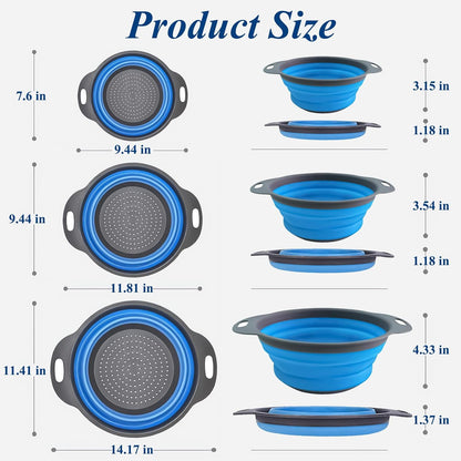 Collapsible Colander Set of 3, Space-Saving Foldable Strainer for Kitchen