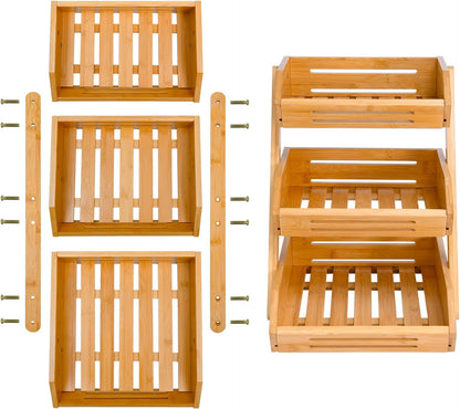 VIKEYHOME Fruit Basket, 2 Tier Bamboo Fruit Basket for Kitchen, 11" Tall Fruit Stand Storage Holder, Heavy Duty/Large Capacity for Vegetables, Fruit, and Snack, 15 mm Thickness (Self-assembly)