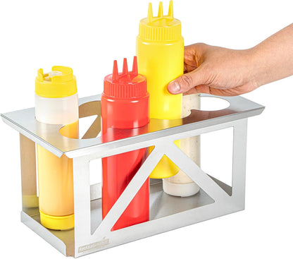 Restaurantware Stainless Steel Bottle Organizer - 1 Count - 6.299 x 7.087 x 0.394 Inches - Dishwasher-Friendly Condiment Holder - Kitchen Bottle Rack - Space-Saving Design - Silver