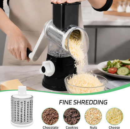 Rotary Cheese Grater with Hand Crank, 3 Blades, Clear Drum, Black