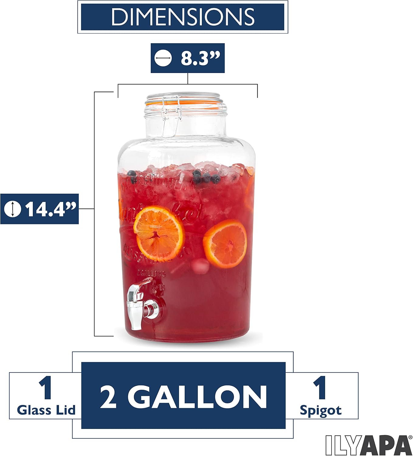 Ilyapa 2 Gallon Glass Beverage Dispenser, Metal Base, Stainless Steel Spigot & Hanging Chalkboard - for Lemonade, Tea, Cold Water & More