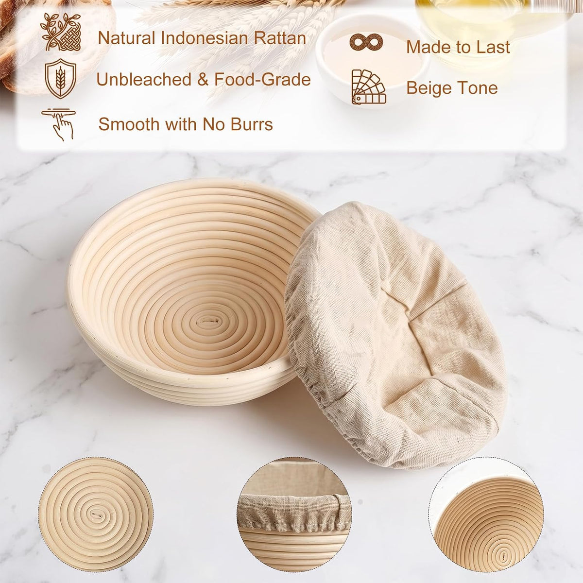 9'' Round Sourdough Banneton Bread Proofing Basket, Set of 2