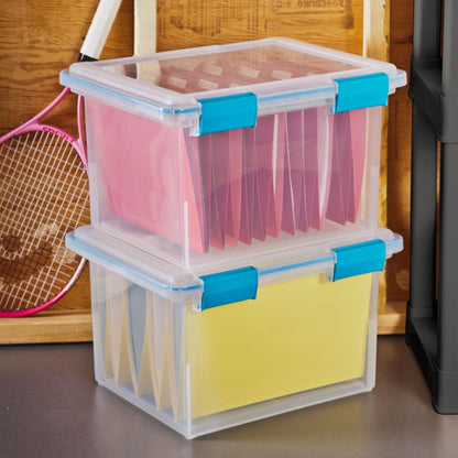 Sterilite 80 Qt Gasket Box, Stackable Storage Bin with Latching Lid and Tight Seal, Plastic Container to Organize Basement, Clear Base and Lid, 1-Pack