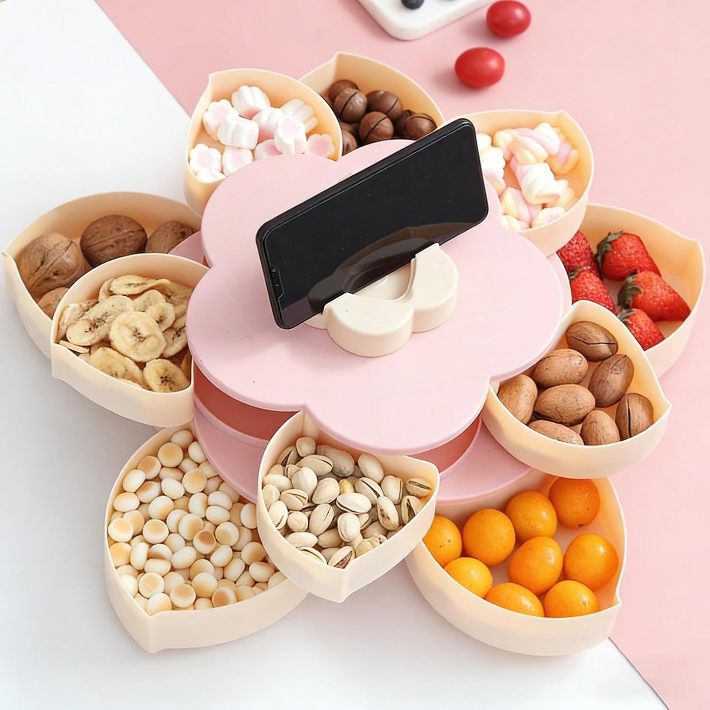 Divided Spin & Snack Serving Tray – Rotating Multi-Compartment Food Organizer, Covered Storage for Chips, Nuts, Dips & Veggies, Perfect for Parties & Entertaining (Pink Double-Layer with Stand)