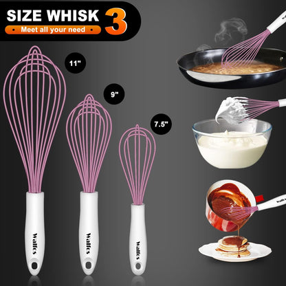 Walfos Silicone Whisk,Stainless Steel Wire Whisk -Heat Resistant 480°F Kitchen Whisks for Non-stick Cookware,Balloon Egg Beater Perfect for Blending,Whisking,Beating,Frothing & Stirring,Black