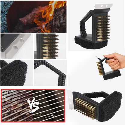 2 Pack Grill Brush and Scraper with Wire Bristles and Bristle-Free Scour 2 Side Brushes Handheld Short Handle Scrubber for Grill Grate Cleaner Cast Iron Charcoal Racks Grid BBQ Cooking Grates