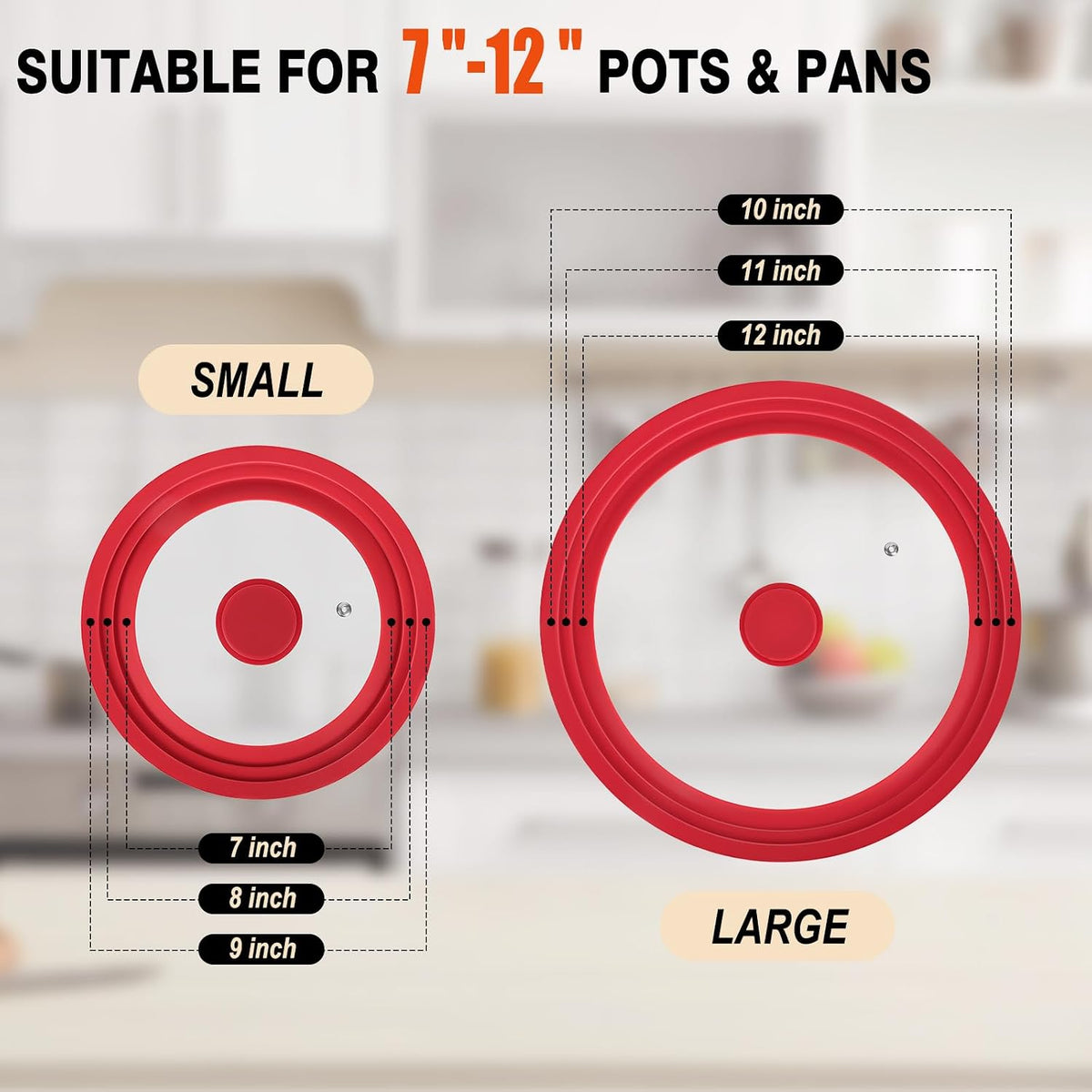 Universal Lid for Pots Pans and Skillets,Replacement Pan Lid with Tempered Glass and Heat-Resistant Silicone Edge,Durable Frying Pan Cover (7",8",9" & 10",11",12"-White)