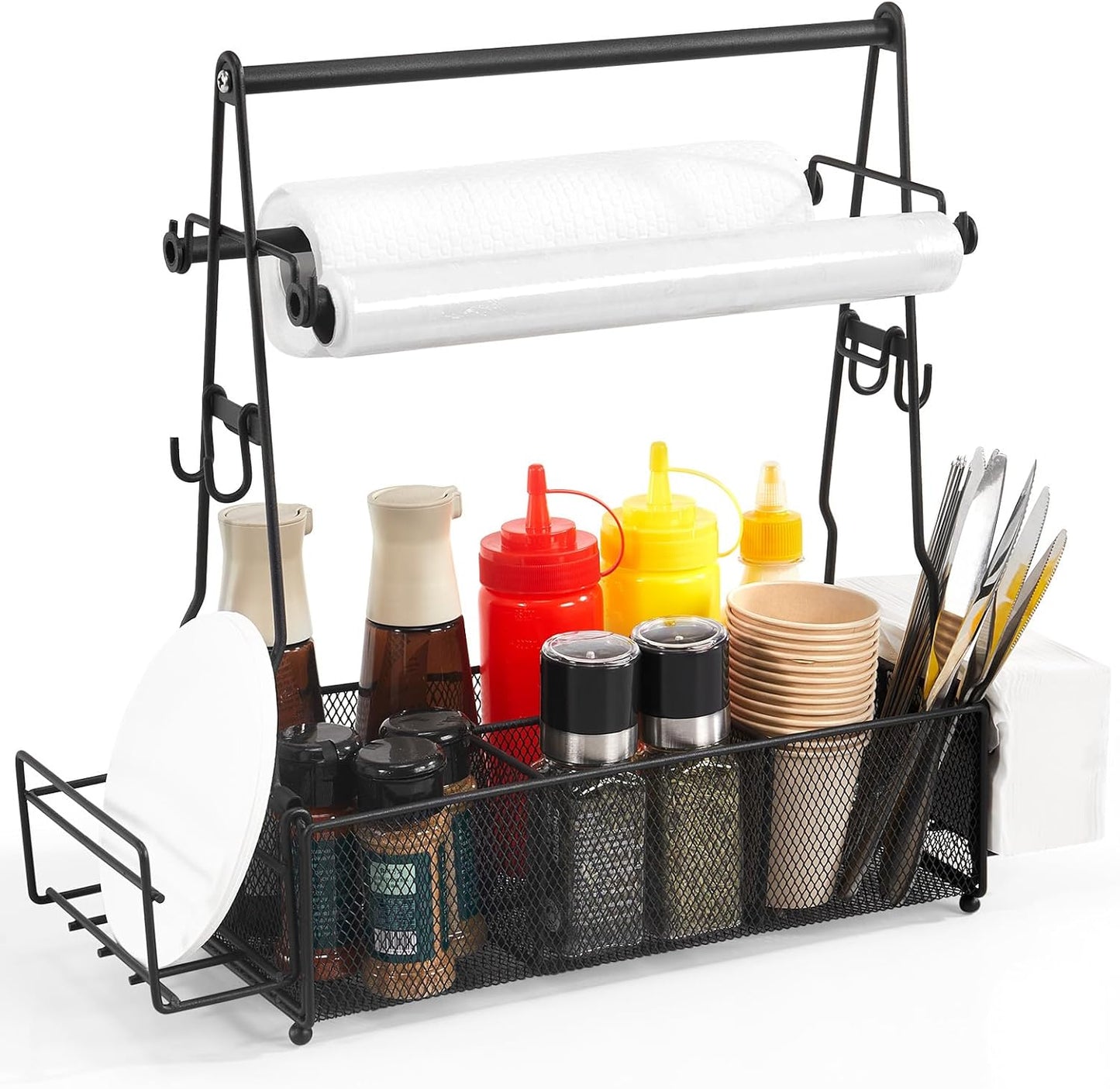 Grill Caddy, BBQ Caddy with Paper Towel Holder and 2 Hooks, Grill Utensil Organizer for Camping Outdoor Barbecue Accessories Organizer, Grilling Gifts for Men