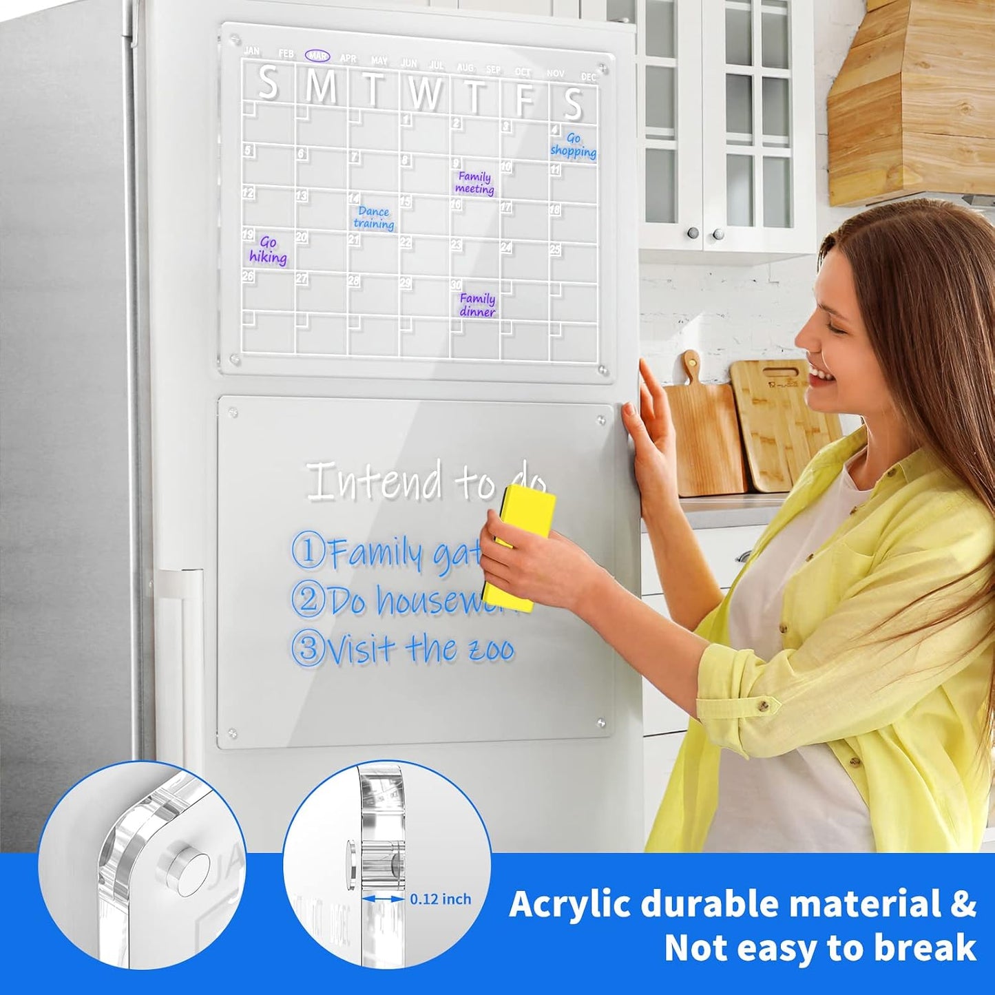 AITEE All-in-One Magnetic Dry Erase Board for Fridge, 2-Pack Acrylic Calendar & Memo Set with 6 Markers (3 Colors), Eraser, Holder, Reusable 16x12 Inch Planner