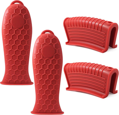 Bonsicoky 4 Pieces Silicone Hot Handle Holder Sleeve Set - Non-Slip, Heat Resistant Covers for Cast Iron Cookware - Perfect for Frying Pans, Casseroles, and Large Pots - Red