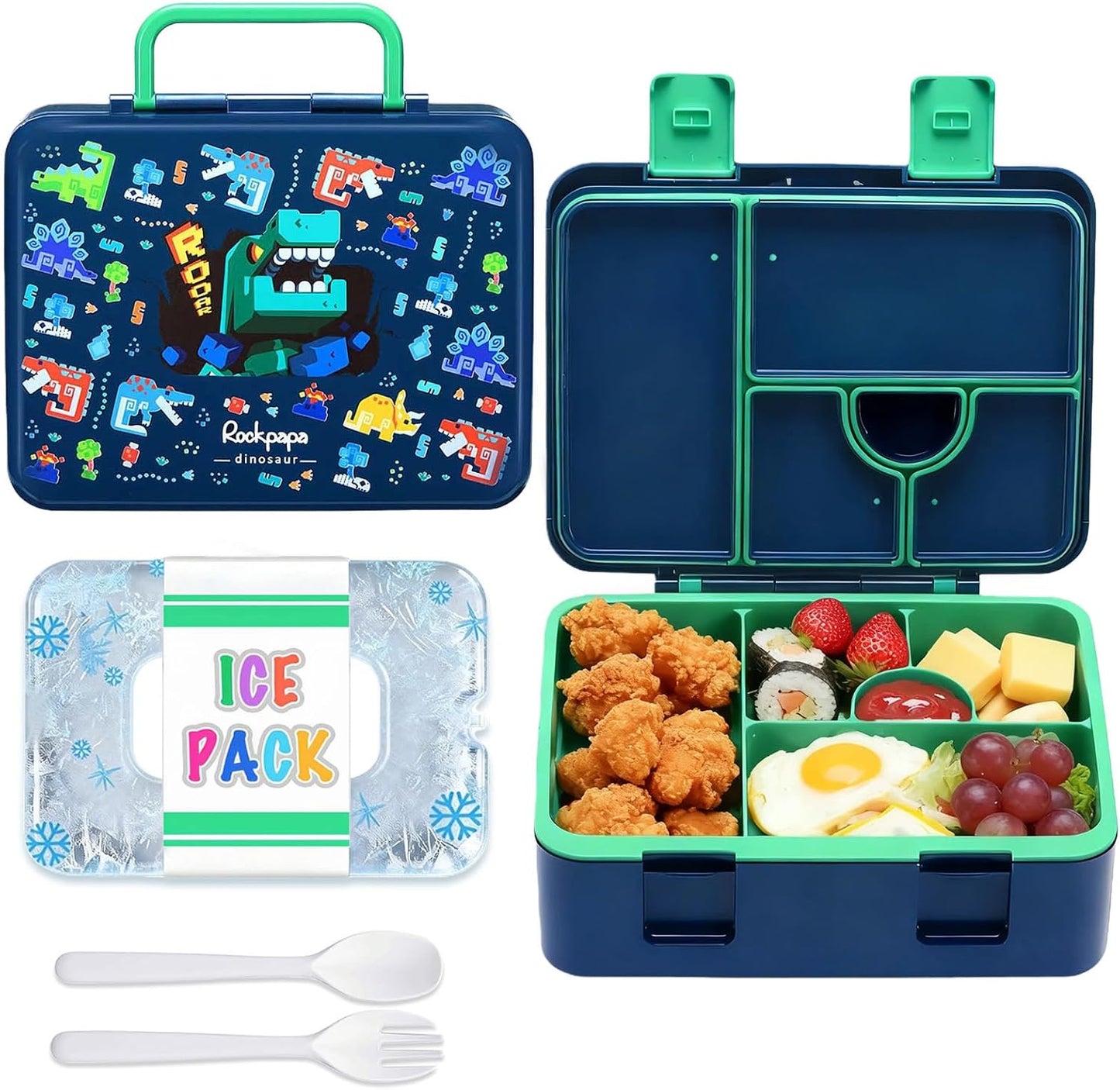 rockpapa Chill Bento Box for Kids- Large 5.5 Cups Lunch Box with Ice Pack - 5 Compartments, BPA-Free, Leak Proof, with Utensils & Portable Handle, Microwave/Dishwasher Safe (Purple Butterfly)
