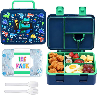 rockpapa Chill Bento Box for Kids- Large 5.5 Cups Lunch Box with Ice Pack - 5 Compartments, BPA-Free, Leak Proof, with Utensils & Portable Handle, Microwave/Dishwasher Safe (Purple Butterfly)