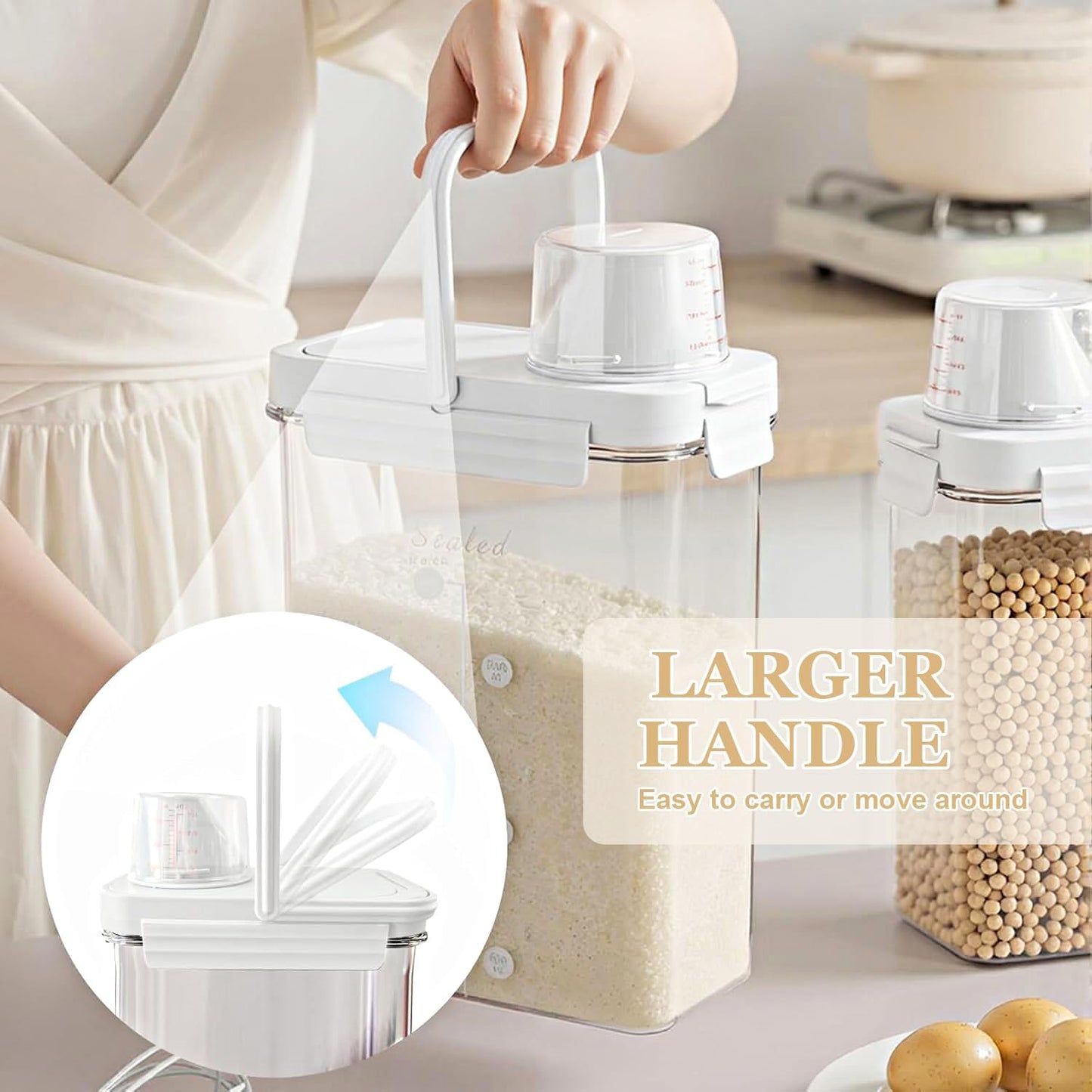Hongya Rice Container, Airtight Rice Storage Container, Portable Pet Food Storage Containers with Measuring Cup, 4 to 8lbs Cereal Containers Storage for Kitchen Pantry Household, BPA-Free, White