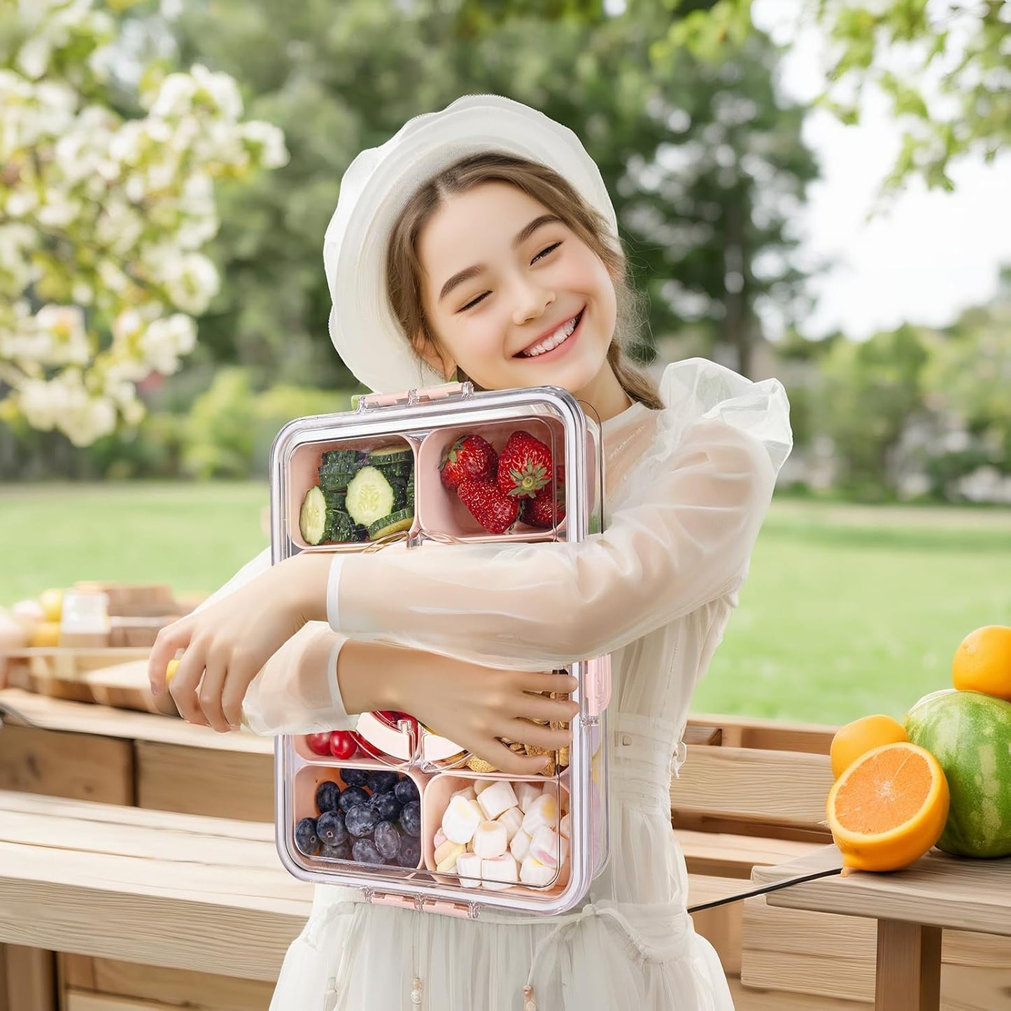 U-QE Dishwasher Safe Snackle Box Container with 8 Small Snacks Box - Premium Ivory Plastic Divided Serving Tray with Lid and Handle for Snack, Veggie, Fruits, Perfect for Party, Picnic, Entertaining