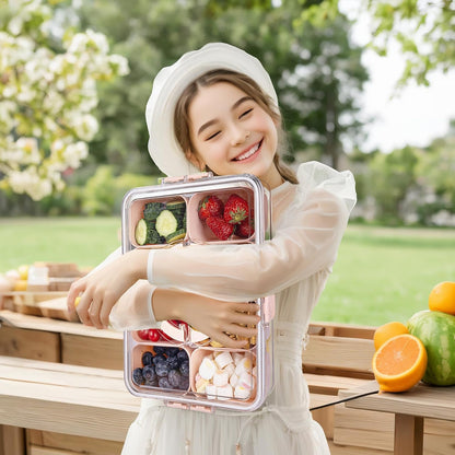 U-QE Dishwasher Safe Snackle Box Container with 8 Small Snacks Box - Premium Ivory Plastic Divided Serving Tray with Lid and Handle for Snack, Veggie, Fruits, Perfect for Party, Picnic, Entertaining