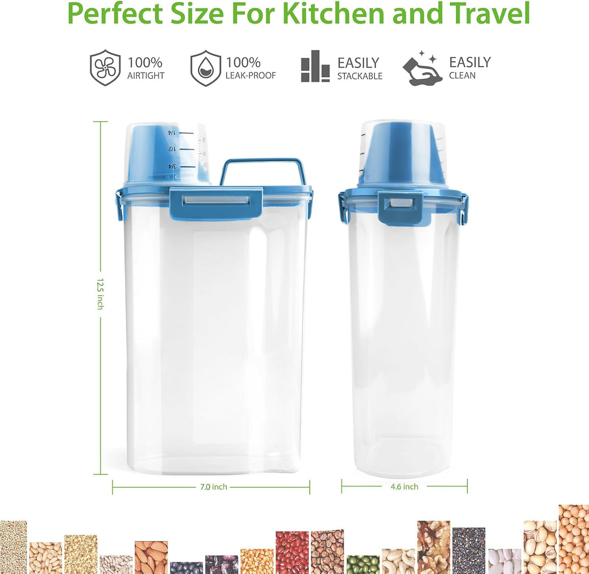 Viretec Rice Storage Container, 15 to 20lb Dry Food Airtight Dispenser, Pet Dog Cat Food Canister, BPA Free Clear Plastic Kitchen and Pantry Bin for Oatmeal, Cereal, Pasta, Flour Pack of 2 Grey