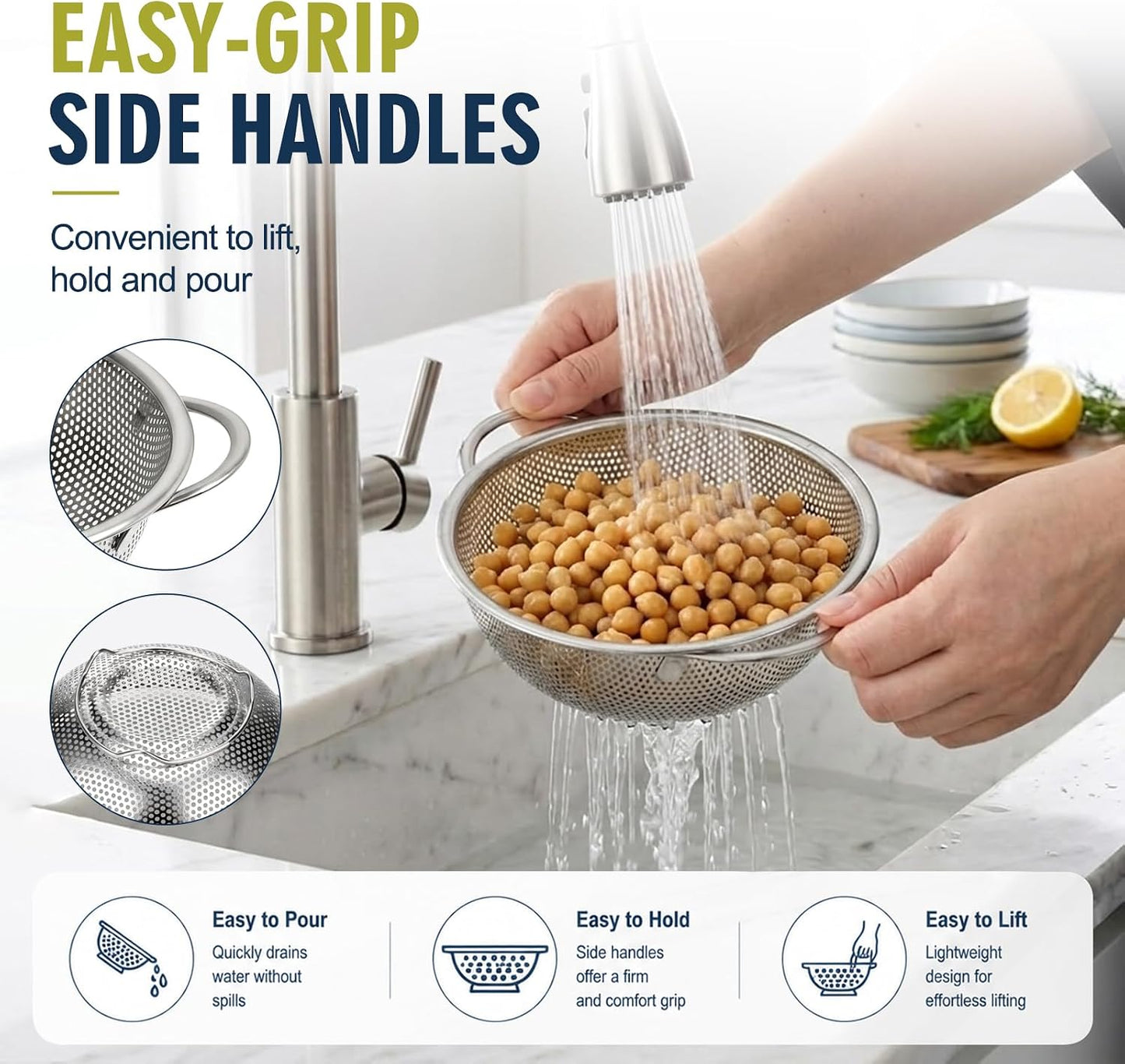 Palksky Stainless Steel Colander Set with Self-Draining Base, 3 Sizes Colanders & Food Strainers for Pasta, Rice, Fruits & Veggies, Metal Colander with Draining Plate for Sink or Countertop