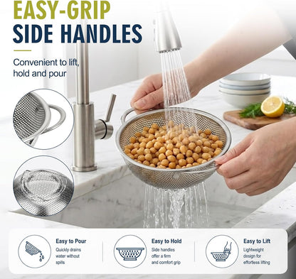 Palksky Stainless Steel Colander Set with Self-Draining Base, 3 Sizes Colanders & Food Strainers for Pasta, Rice, Fruits & Veggies, Metal Colander with Draining Plate for Sink or Countertop
