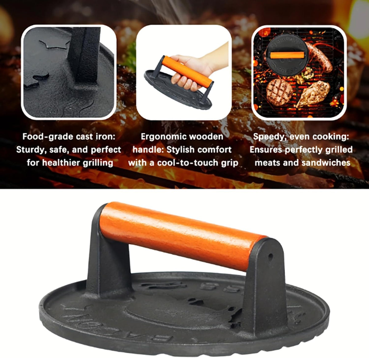 Cast Iron Burger Press, 7.2 inch Round, Wood Handle