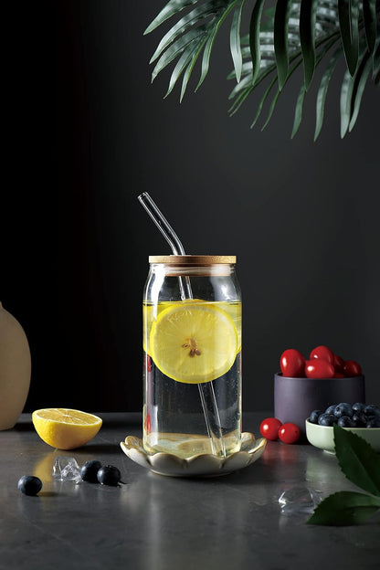 4pcs Set - 20oz Glass Tumblers with Bamboo Lid and Glass Straw, Drinking Glasses, Iced Beer Glasses, Classical and Thermal Safe Glasses with Cleaning Brushes