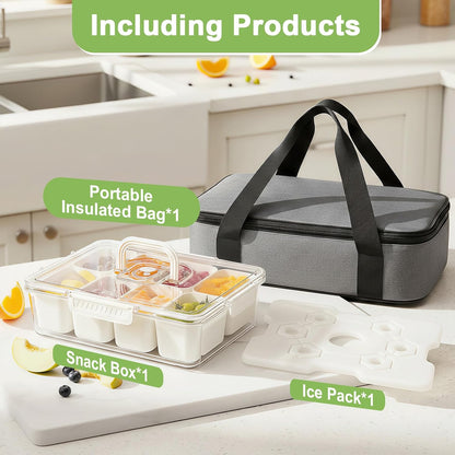 Snackle Box Container with Ice Pack Stainless Steel,Portable Snack Boxes with Lid and Insulated Bag,8 Compartment Snackle Storage Divided Serving Tray Beach Road Trip Picnic for Fruit Charcuterie