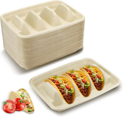 Disposable Taco Holder, Paper Taco Plates with 3 Dividers, Fiesta Tray Stand, Compartment Bar Serving Set for Tuesday Supplies (Pulp Fiber, Beige) (50 Pieces)