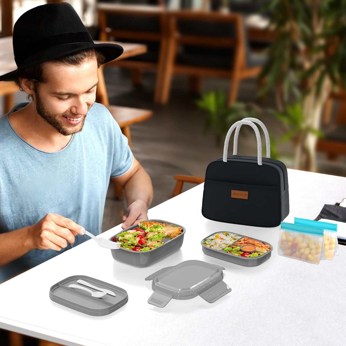 JBGOYON® Bento Lunch Box with Bag - All-in-One Stackable Lunch Containers with 3 Layers for Adults & Kids, 1900 ML Modern Bento-Style Design, Built-in Utensil Set, Lunch Bag (Purple)