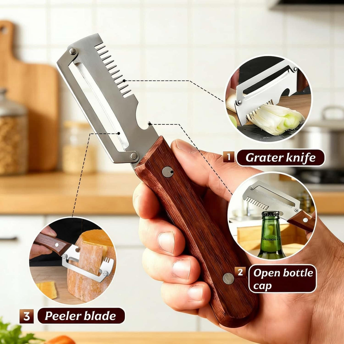 Elite Vegetable Peeler and Julienne Shredder Tool, Multifunctional Vegetable Peeler with Wooden Handle & Bottle Opener Grater 3 in 1 Kitchen Gadgets for Potatoes Carrots and Vegetables Fruits (2pcs)