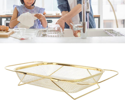 Over The Sink Colander, Stainless Steel Expandable Baskets with Handles Rectangle Kitchen Fine Mesh Strainer Basket for Strain Drain Rinse Fruits Vegetables (Gold)