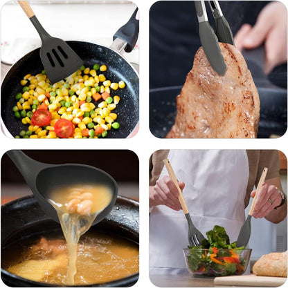 Non-Stick Silicone Cooking Utensils Set, 5 Pcs with Wooden Handle, Heat Resistant Silicone Kitchen Gadgets (Black)