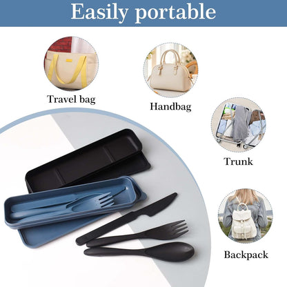 2 Sets Reusable Utensil Set with Case, Portable Plastic Spoons Fork Knife Camping Utensils for Lunch Box Accessories for Kids Adults Travel Picnic Camping Daily Use(Blue, Black)