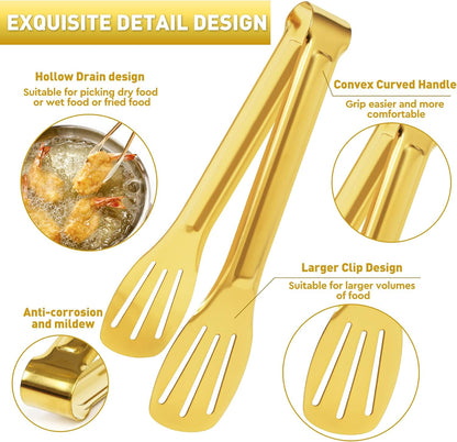 JCREN 12 Pcs Serving Tongs, Small Serving Utensils for Parties Catering Gold Tongs, Small Stainless Steel Mini Appetizer Tongs for Tea Party Coffee Bar, 4 Inches - Gold
