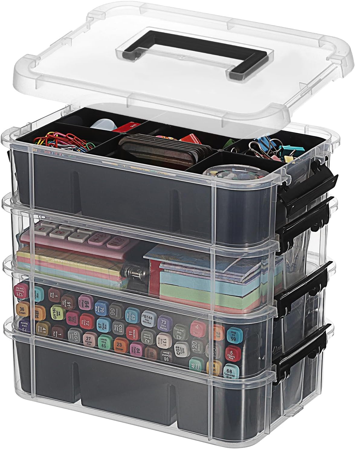JUXYES 4-Tiers Plastic Stack Carry Storage Containers Box wih Handle Lids | Clear Stackable Latching Storage Bin With 2 Tray for School Office, Organizing Sewing, Art Craft, DIY Supplies, Blue