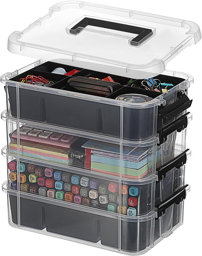 JUXYES 4-Tiers Plastic Stack Carry Storage Containers Box wih Handle Lids | Clear Stackable Latching Storage Bin With 2 Tray for School Office, Organizing Sewing, Art Craft, DIY Supplies, Blue