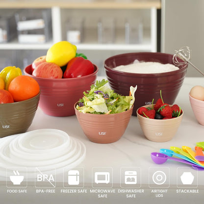 LISI 23Pcs Mixing Bowls Set with Lids, Airtight BPA-Free Nesting Bowls for Mixing, Baking, Cooking & Storage, Dishwasher Safe Serving Bowl, Includes Spatula, Spoons, Brush & Whisk