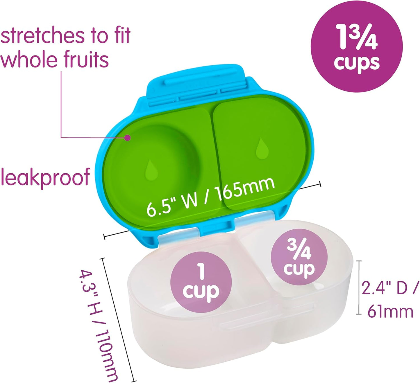 b.box Snack Box 2-Pack - Leak Proof Mini Bento Box for Kids & Toddlers, 2 Compartment Snack Containers for Kids, Dishwasher Safe, BPA-Free, PFAS-Free, Ages 4mo+, 1 3/4 Cup Each (Strawberry + Lilac)