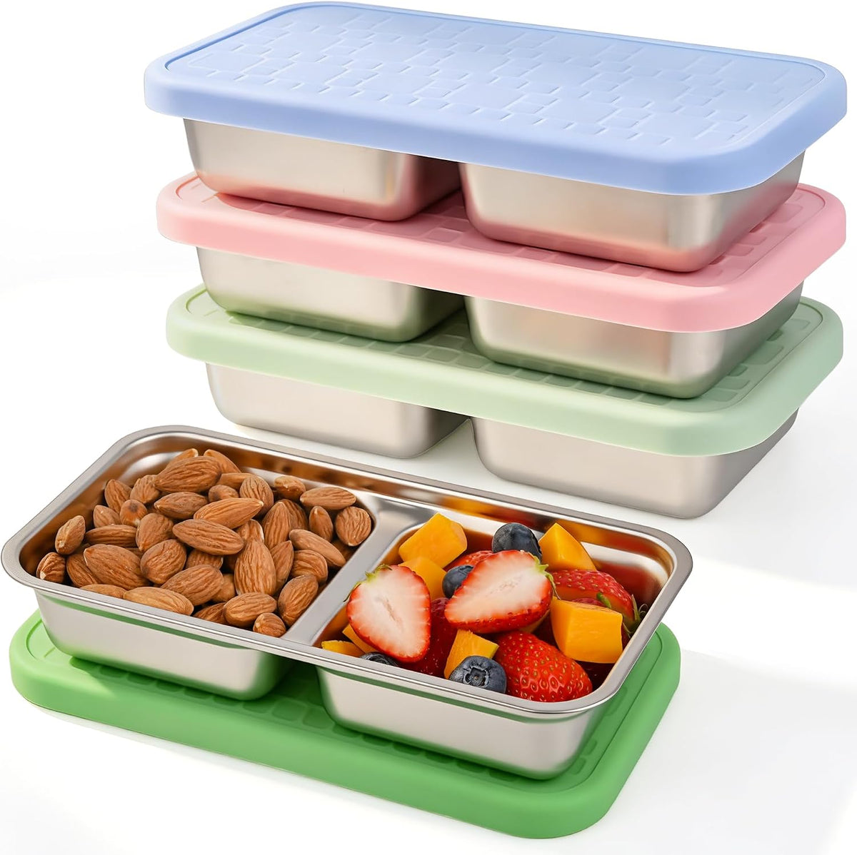 4 Pack Stainless Steel Snack Containers Set, Mixed Single & 2 Compartment Bento Boxes with Silicone Lids, Leakproof Food Storage for Meal Prep, Lunch, Travel, Picnic, Camping, Kitchen Organization