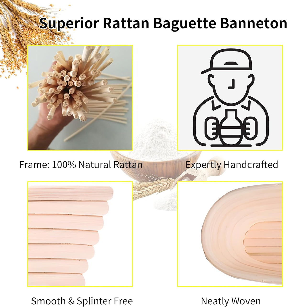 Banneton Bread Proofing Basket, 15" Baguette Sourdough Basket with Liner