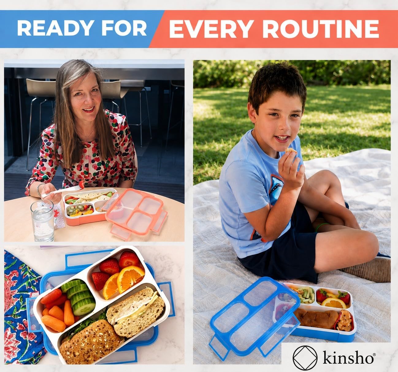 kinsho Bento Lunch-Box for Adults Kids Lunches, Portion Control Container Boxes for Women Girls Boys | Leak-Proof Snack Containers, BPA-Free Utensils 5 Compartments | Blue & Green 2 Pack Set
